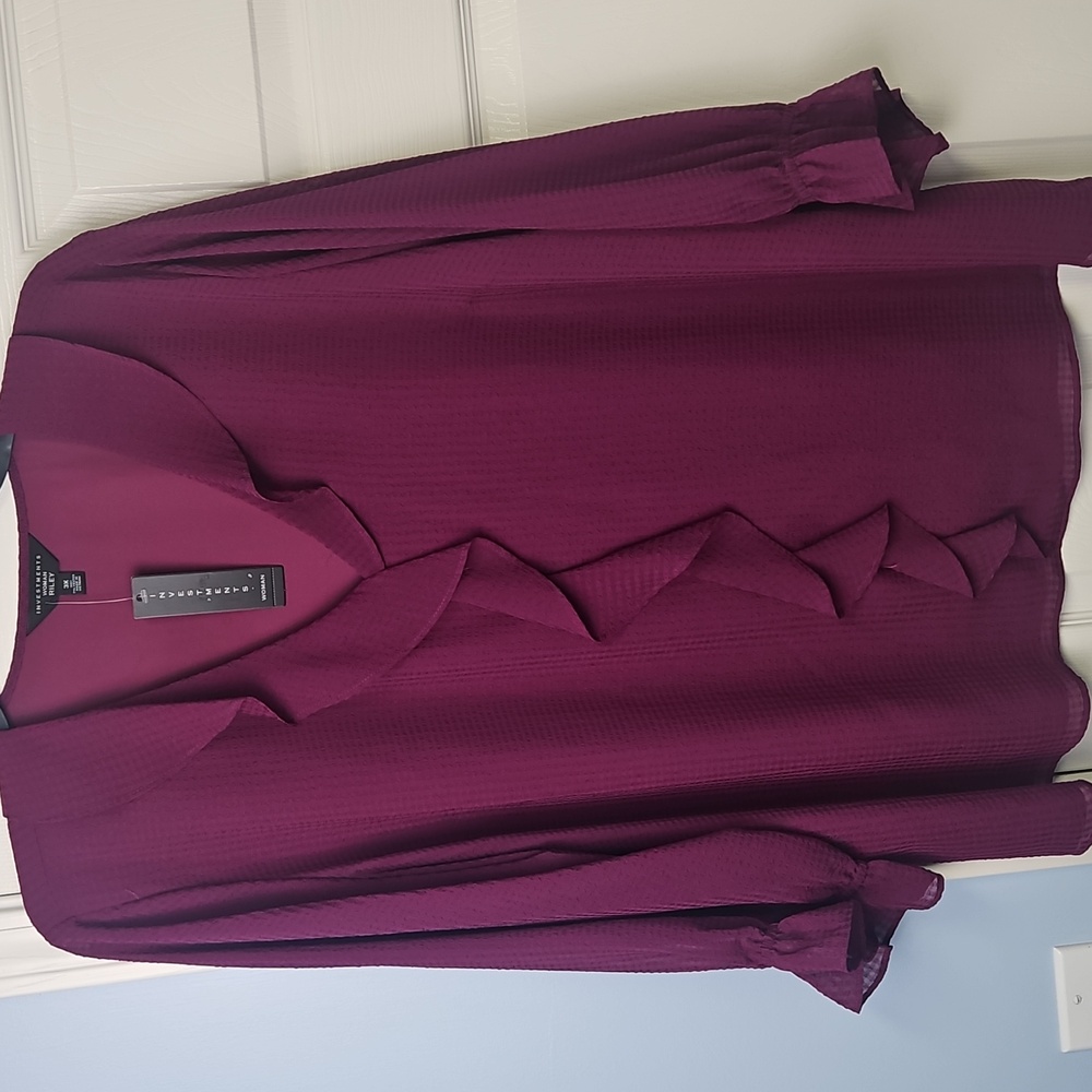 Investments‎ 3/4 Balloon Sleeve V-neck Ruffle Detail Plus Blouse: Wine Color: 3X